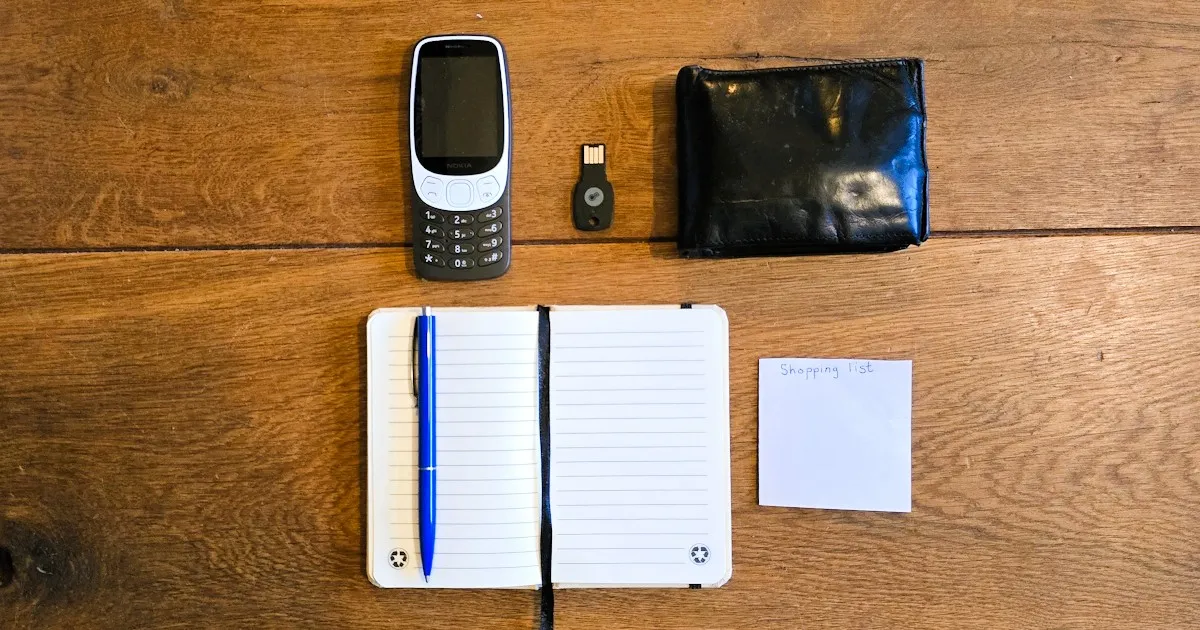 A photo of a Nokia 3210, FIDO key, shopping list, wallet and notebook.